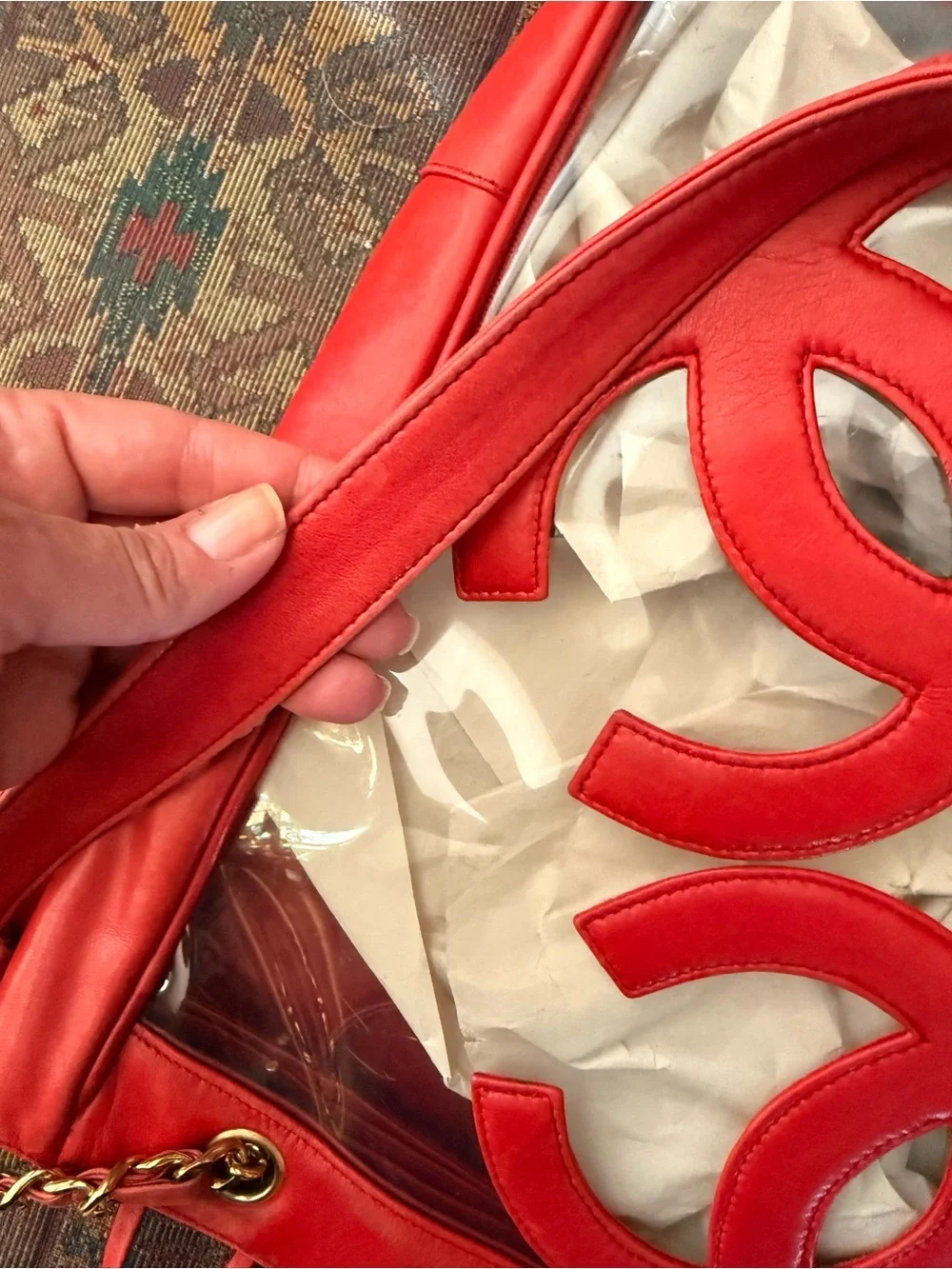 CHANEL VINTAGE RARE 90s Red Clear Vinyl Tote WITH Attached Inner Bag. - Picture 6 of 15